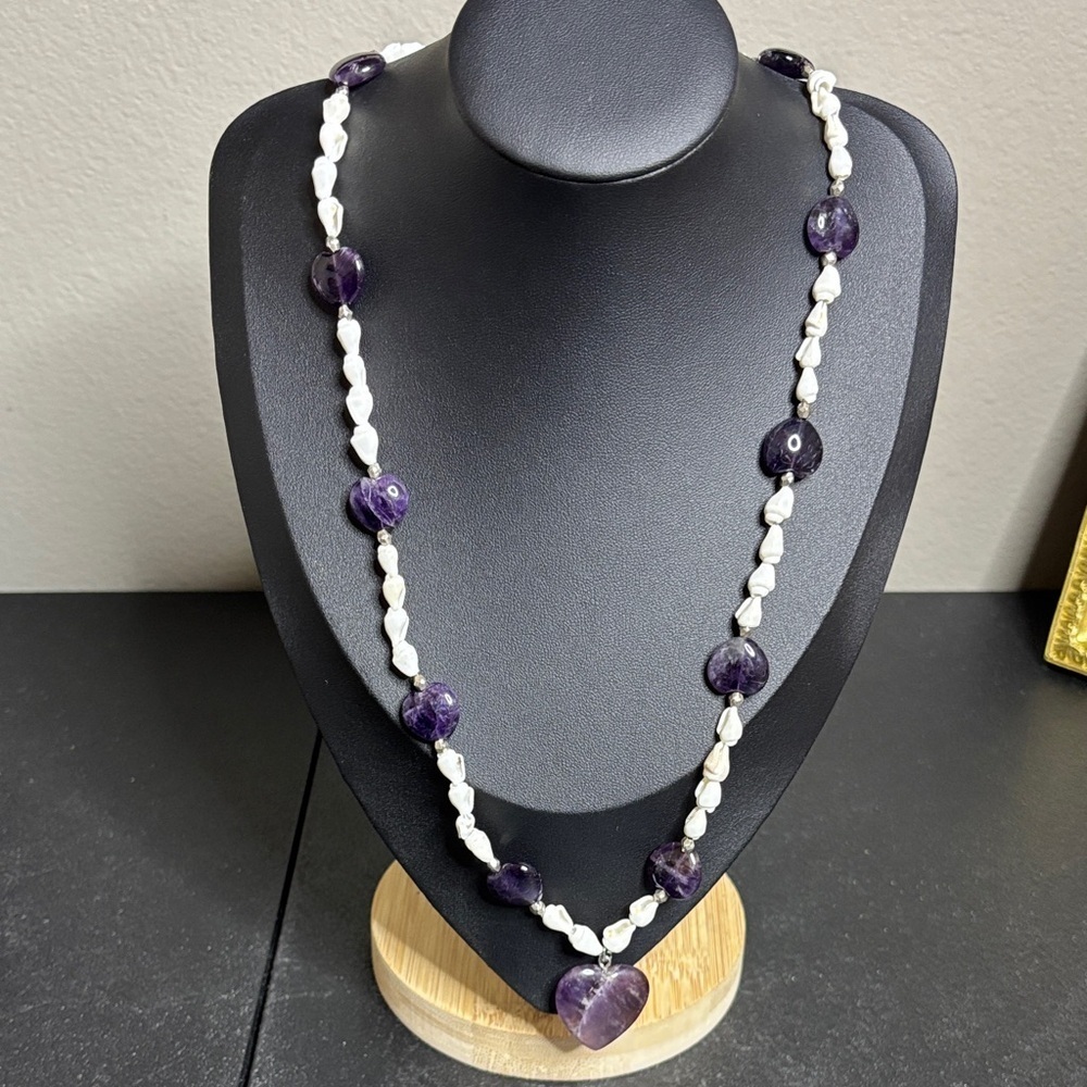 Amethyst Heart Stone White Mini Shell Beaded Artisan Necklace
